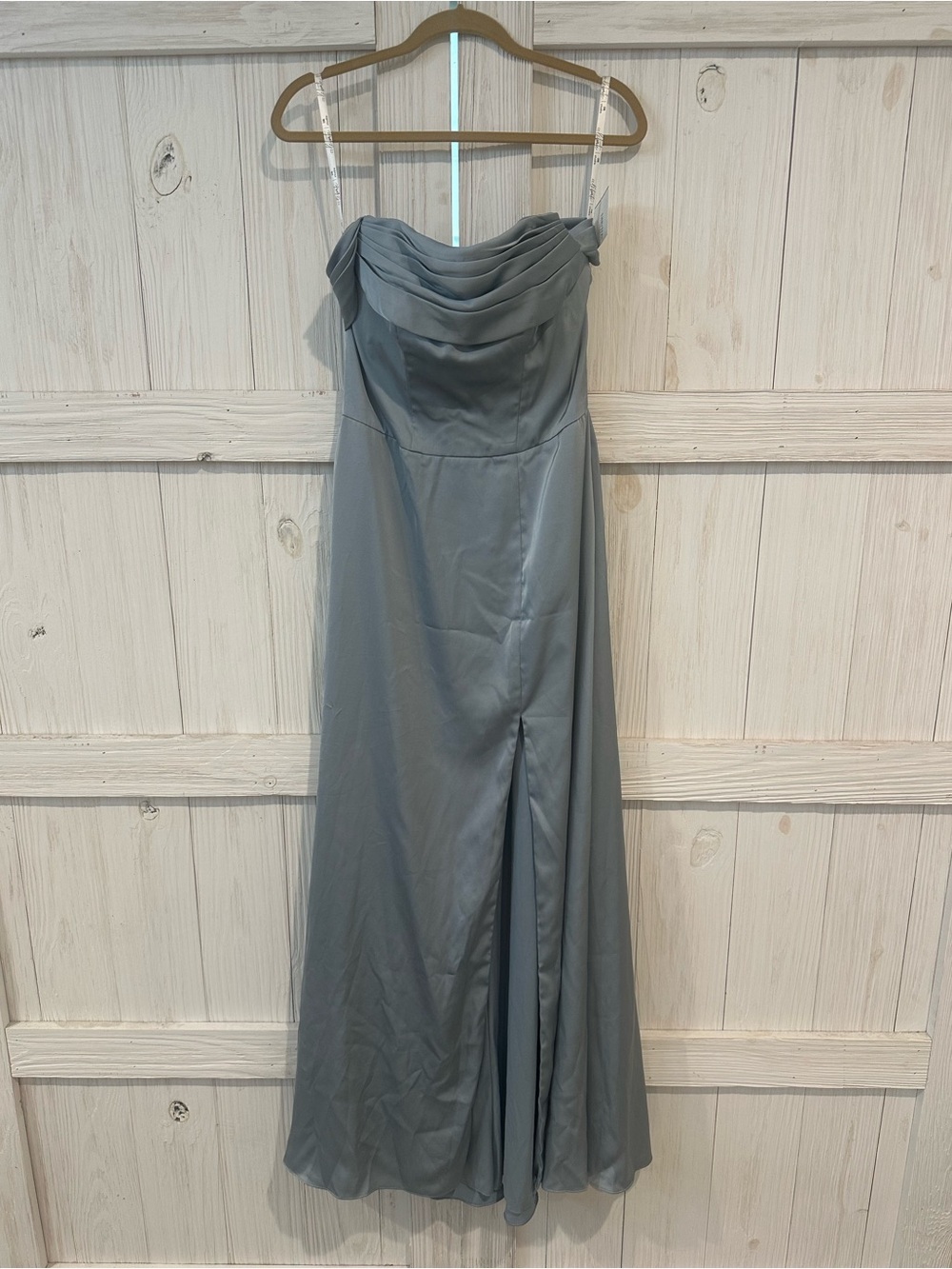 dusty Blue off the shoulder cowl neck bridesmaids dress